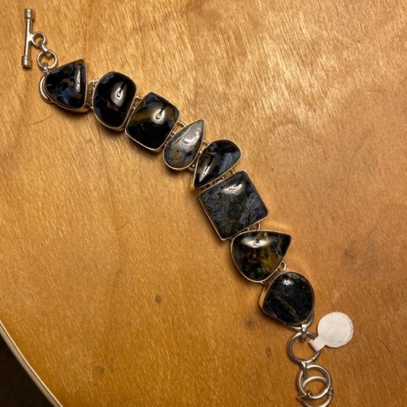 Handcrafted Jewelry - Handmade Natural Black Obsidian Crystal Quartz Stone Bracelet. Sterling Silver